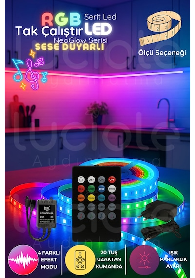 3 Metre Neoglow Serisi Rgb Led Şerit 20 Tuşlu Ses Kontrollü Tak Çalıştır Işık Bandı 60 Çipli