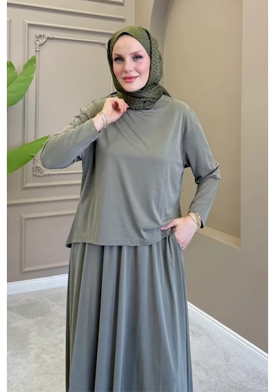 Balenbi Kadın Modal Kumaş Rahat Kalıp Lastikli Bel Etekli Tesettür Takım 1221 - Premium Seri Haki Balenbi Kadın Modal Kumaş Rahat Kalıp Lastikli Bel Etekli Tesettür Takım 1221 - Premium Seri Haki