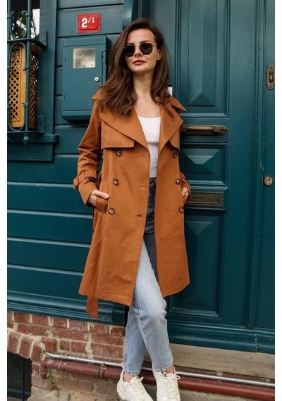 Pastelastore %100 Pamuk Gabardin Midi 95cm Astarlı Kemerli Kadın Trençkot 1113 Taba