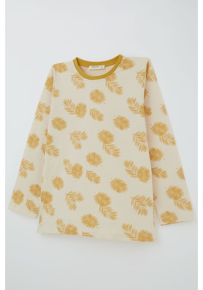 Breeze Kız Çocuk Pijama Takımı Tropik Yaprak Desenli 4-8 Yaş, Krem