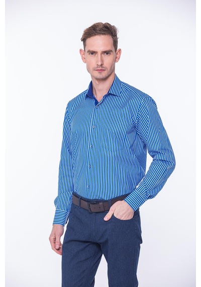 Fitmens Klasik Uzun Kol Premium Kalın Çizgili Hediye Kutulu Erkek Gömlek Fs-001266 - Saks Mavi Beyaz-1431