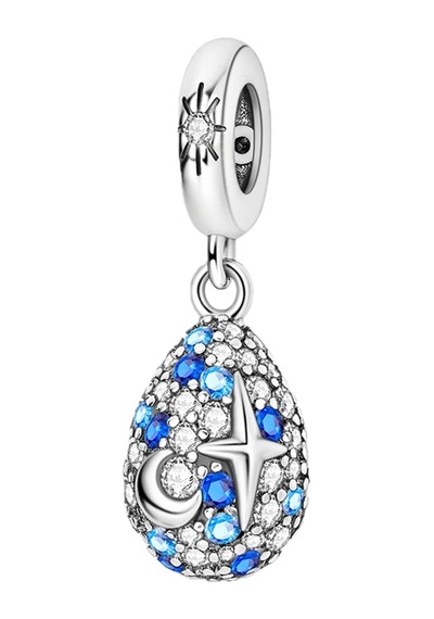 Mavi Taşlı Ay Ve Yıldız Yumurta Sallantılı Charm Gümüş