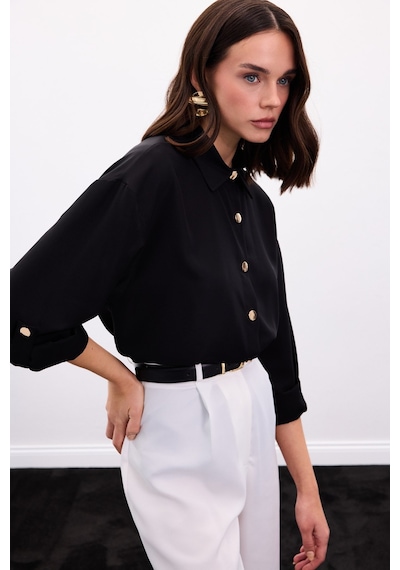 Sateen Çıtçıt Detaylı Gömlek - Siyah-136896 Siyah