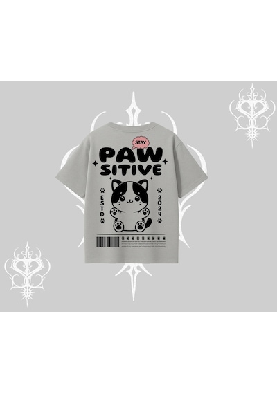 Tarzsokak Paw Sitive Kedi Arka Baskılı Oversize Tshirt Gri