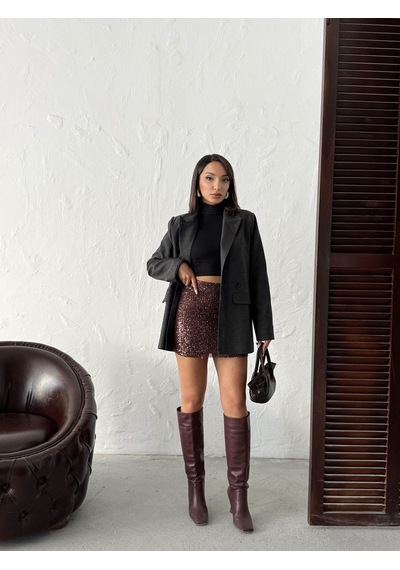 Verymoda Payetli Mini Etek - Şık Gece Ve Parti Modası F1980 Kahve