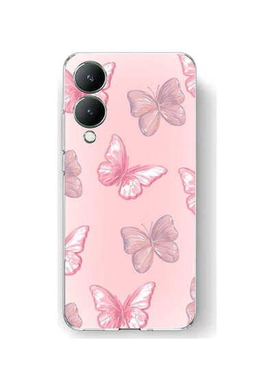 Vivo Y17s Uyumlu Pembe Kelebekler Baskılı Silikon Kılıf Renkli