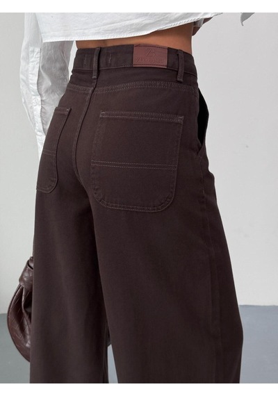 Kadın Kahverengi Skater Fit Yüksek Bel Geniş Paça Kot Pantolon Kahverengi