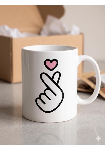 Kore Parmak Kalp Kupa - Korean Finger Heart K-pop Seramik Bardak Hediyesi 325ml Beyaz - Çok Renkli