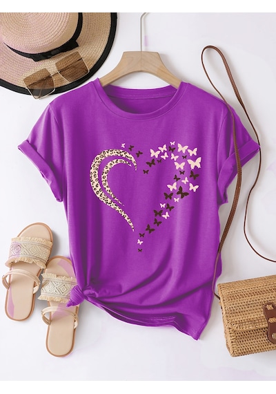 Unisex Leopar Kelebekli Kalp Tasarım Basklı Tshirt Mor