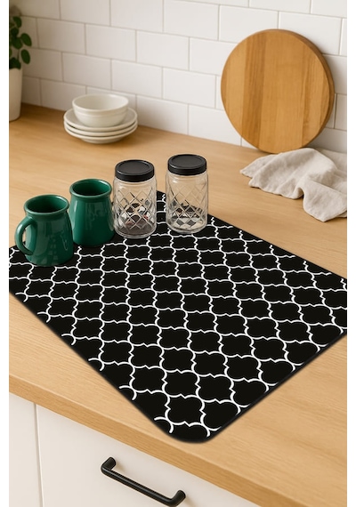 Siyah Fas Desen Microfiber Bulaşık Kurutma Matı Mm002