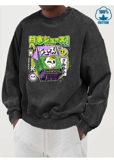 Startmore Tarzsokak Lezzetli Japon İçme Tarzı Erkek Pamuklu Kazaklar Günlük Yıkanmış Sweatshirt Büyük Beden Kar Y Siyah