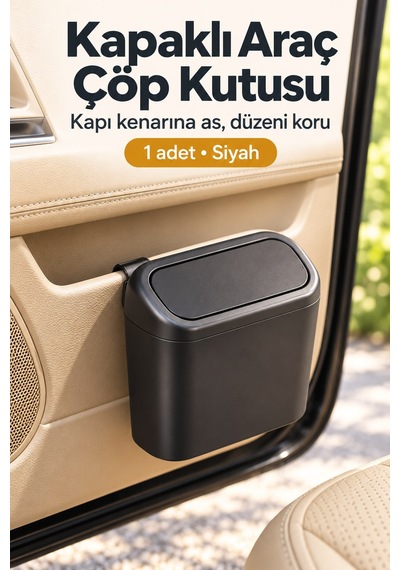 Araç İçi Kapaklı Klipsli Çöp Kutusu Kapı Paneli Siyah Oto Organizer