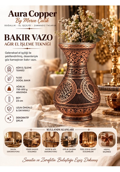 Aura Copper Dekoratif Bakır Vazo 23 Cm Ağır El İşlemeli El Yapımı Obje Çiçeklik Vz-00003