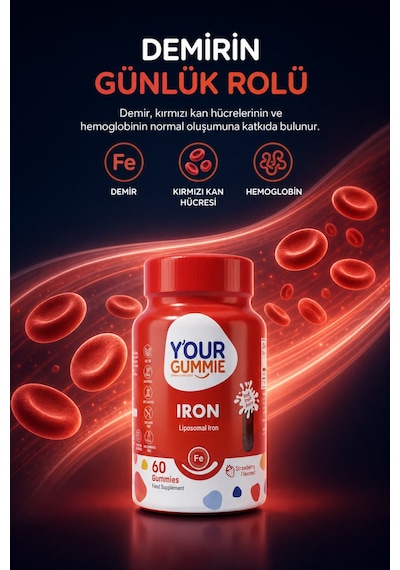 Y'our Gummie Iron Lipofer Demir Takviyesi Çilek Aromalı 60 Çiğnenebilir Jel