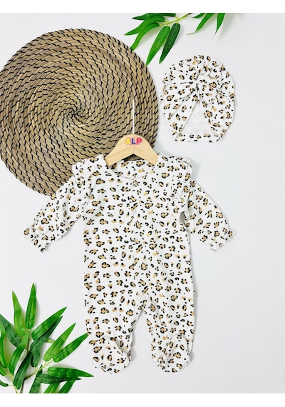 Alpbebe Malawi Boneli Leopar Desen Önden Komple Çıtçıtlı Mevsimlik Tulum Set - Beyaz Beyaz