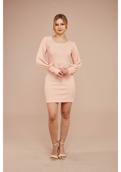 Zafir Butik Pembe Yaka Kemerli Elbise Pembe Pembe