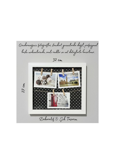 Kişiye Özel 3 Fotoğraflı Ahşap İpli Mandallı Çerçeve - Puantiyeli Dekoratif Anı Panosu 27x32cm