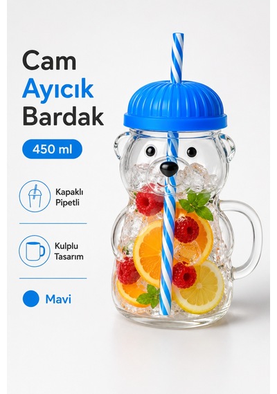 Sihirli Cam Ayıcık Bardak 450 Ml Kapaklı Pipetli Cam Kupa Ayı Figürlü İçecek Bardağı Mavi