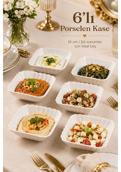Porsima Yl-1750n 6'lı Porselen Salata Kasesi Seti 16 Cm Çok Amaçlı Servis Kasesi Beyaz