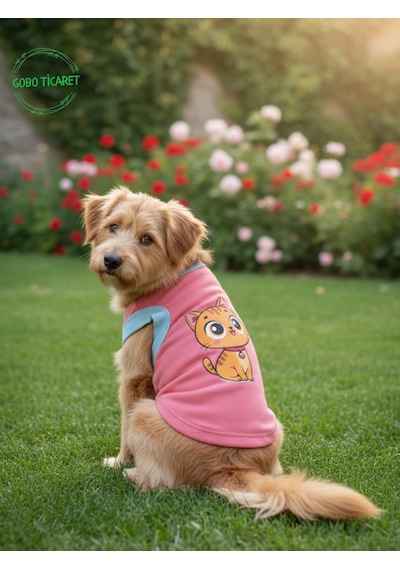 Gobo Yumuşacık Şeker Pembe Kedi Ve Köpek Kıyafeti Elbisesi Sarı Kedi Baskılı - Xs, S, M, L Beden