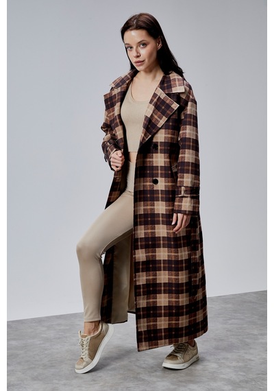 Elora Kahverengi Ekose Detaylı Premium Oversize Trençkot 46650 Kahverengi-vizon