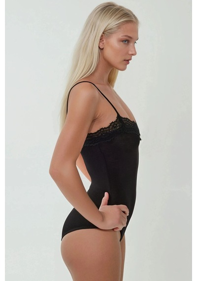 Hiccup Dantel Detaylı V Yaka Dar Kesim Bodysuit Siyah