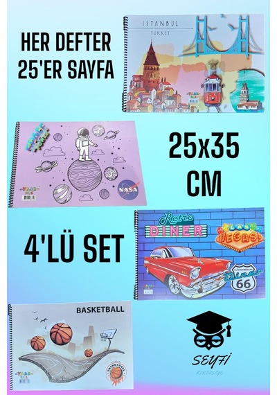 25x35 Telli Resim Defteri 25 Yaprak 4 'lü Set Çok Renkli