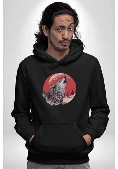 Uluyan Beyaz Kurt Kadın Erkek Siyah Kapüşonlu Sweatshirt Hoodie Siyah