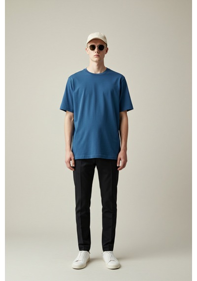 Erkek Oversize Basic Tişört Unisex %100 Pamuk Rahat Kalıp Erkek Tam Oversize Tişört Indigo