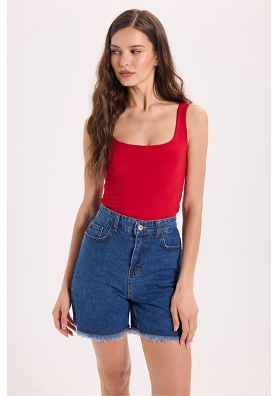 Tudors Kadın Slim Fit Dar Kesim Askılı Kare Yaka Sırtı Açık Sandy Kumaş Çıtçıtlı Bordo Body-51250