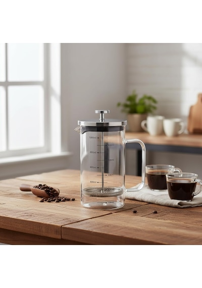 Metal Kapaklı French Press 1000 Ml - Paslanmaz Çelik Çerçeveli Büyük Boy Filtre Kahve Ve Bitki Çayı Demliği Çok Renkli