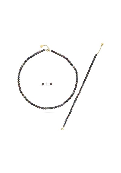 6,5 Mm Siyah İnci Küpe Kolye Bileklik Üçlü Set 40 Cm