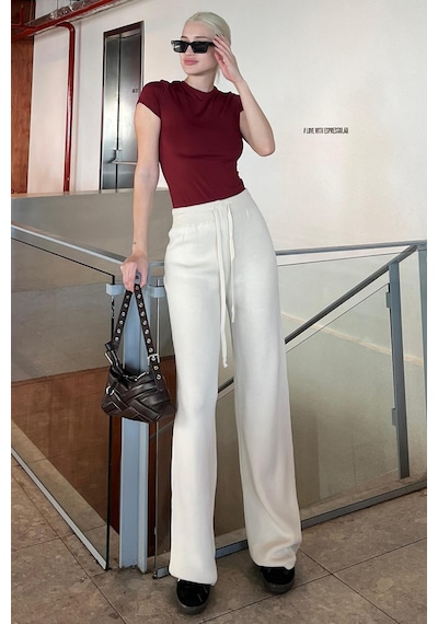 Bej Beli Ayarlanabilir Geniş Paça Pantolon Mg2089 Bej