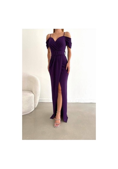 DefyModa Kadın Minimal Krep Kumaş V Yaka Yırtmaçlı Abiye Elbise Mor