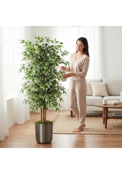 150 Cm Yapay Ficus Metal Saksı 30x30 Dekoratif Ağaç Çok Renkli