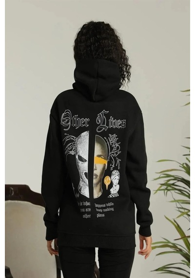 Kadın Oversize Kapüşonlu Cepli Baskılı 3 İplik Pamuklu Hoodie Sweatshirt - Siyah.