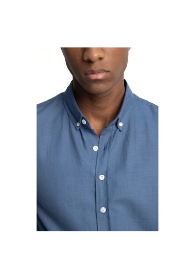 Tudors Slim Fit Uzun Kol Biyeli Yaka Düğmeli Keten Erkek Gömlek-26906-İndigo