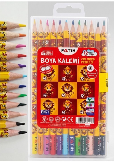 12 Li Kuru Boya Kalemi Plastik Kutu 1 Paket Fatih Taraftar Sarı Kırmızı 12 Renk Kuruboya Tam Boy Renkli Kalem Aslan Çok Renkli