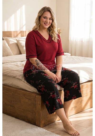 Lady Bordo Renk Ve Çiçek Desenli 10736 Pamuklu Büyük Beden Kapri Anne Pijama Takımı