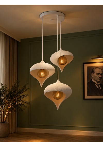 Beton Görünümlü 3'lü Su Damlası Sarkıt Avize Modern Bohem Salon Yemek Masası 3 Rustik Led Ampul Hediyeli Beyaz