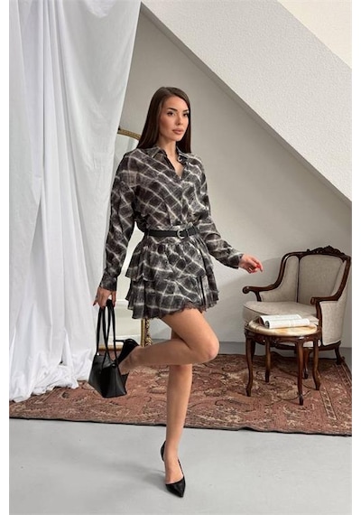 Neşeli Butik Kadın Siyah Gömlek Yaka Kat Kat Ekose Desen Mini Elbise Nbnp025 Siyah