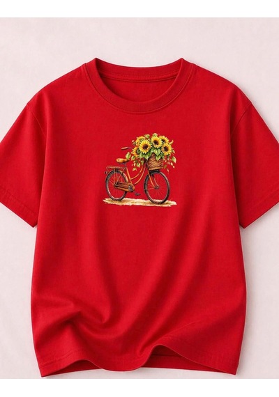 Bisiklet Ve Ayçiçeği Baskılı Kompak T-shirt Kırmızı
