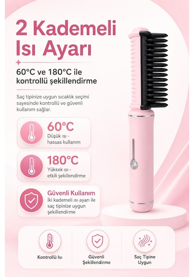 Şarjlı Kablosuz Saç Düzleştirici Tarak Isıtmalı Seramik Fırça Isı Ayarlı Usb-c Taşınabilir Seyahat Tipi Isıtmalı Tarak