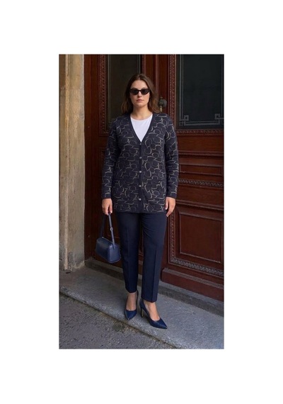 Onno Style Women Kalp Desenli Klasik Triko Düğmeli Ceket Lacivert