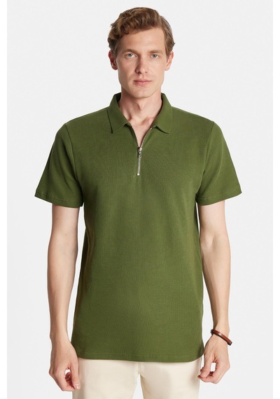 Tudors Erkek Slim Fit Dar Kesim %100 Pamuk Fermuarlı Yeşil Polo Yaka Tişört-34349 Yeşil