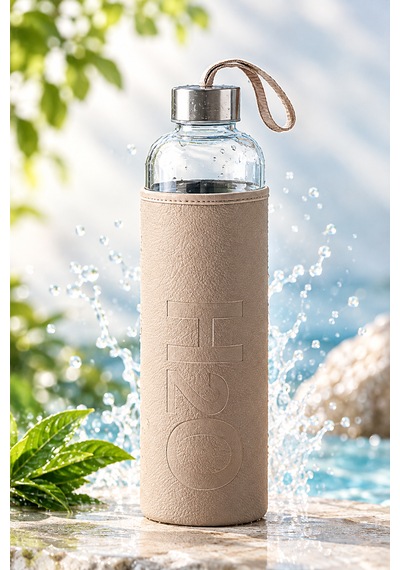 H2o Sağlıklı Cam Matara 1000 Ml Su Şişesi, Deri Kılıflı 1 Lt Sporcu Suluğu Bej