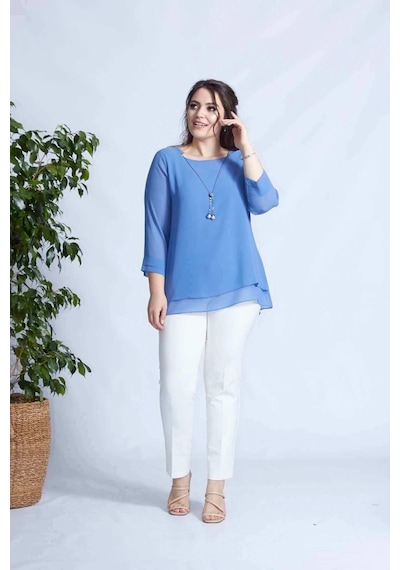 Moda Berray 1934 Kolyeli Şifon Büyük Beden Şık Bluz İndigo