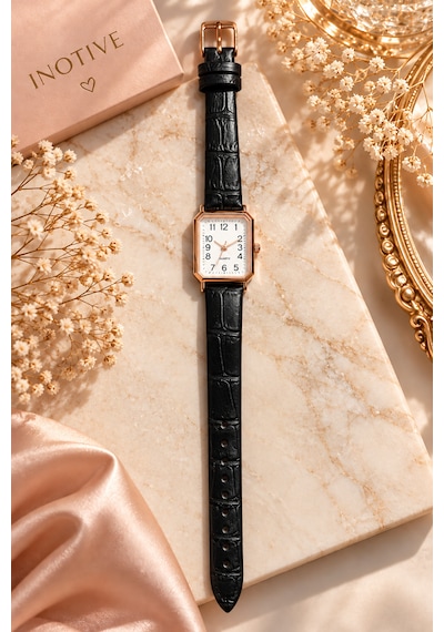 Kadın Kol Saati Rose Gold Kasa, Deri Kordon Rose Gold - Siyah