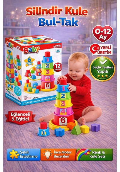 Silindir Kule Bultak Renkli Bebek Çocuk Oyuncak Eğitici Öğretici