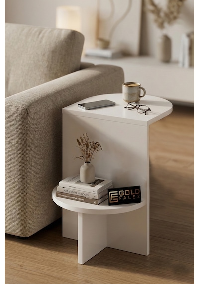 Yan Sehpa Çok Amaçlı Modern Tasarım Raflı Salon Koltuk Kenarı Sehpası 6021 Beyaz Çok Renkli